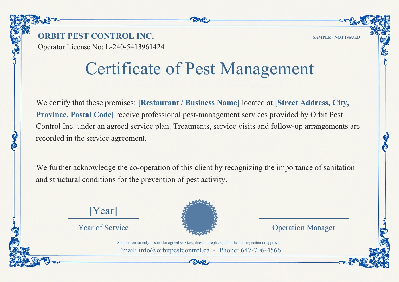 Sample Certificate of Pest Management issued by Orbit Pest Control Inc., with fields for restaurant name, premises address, service period and authorized representative. Marked sample; not issued to a premises.